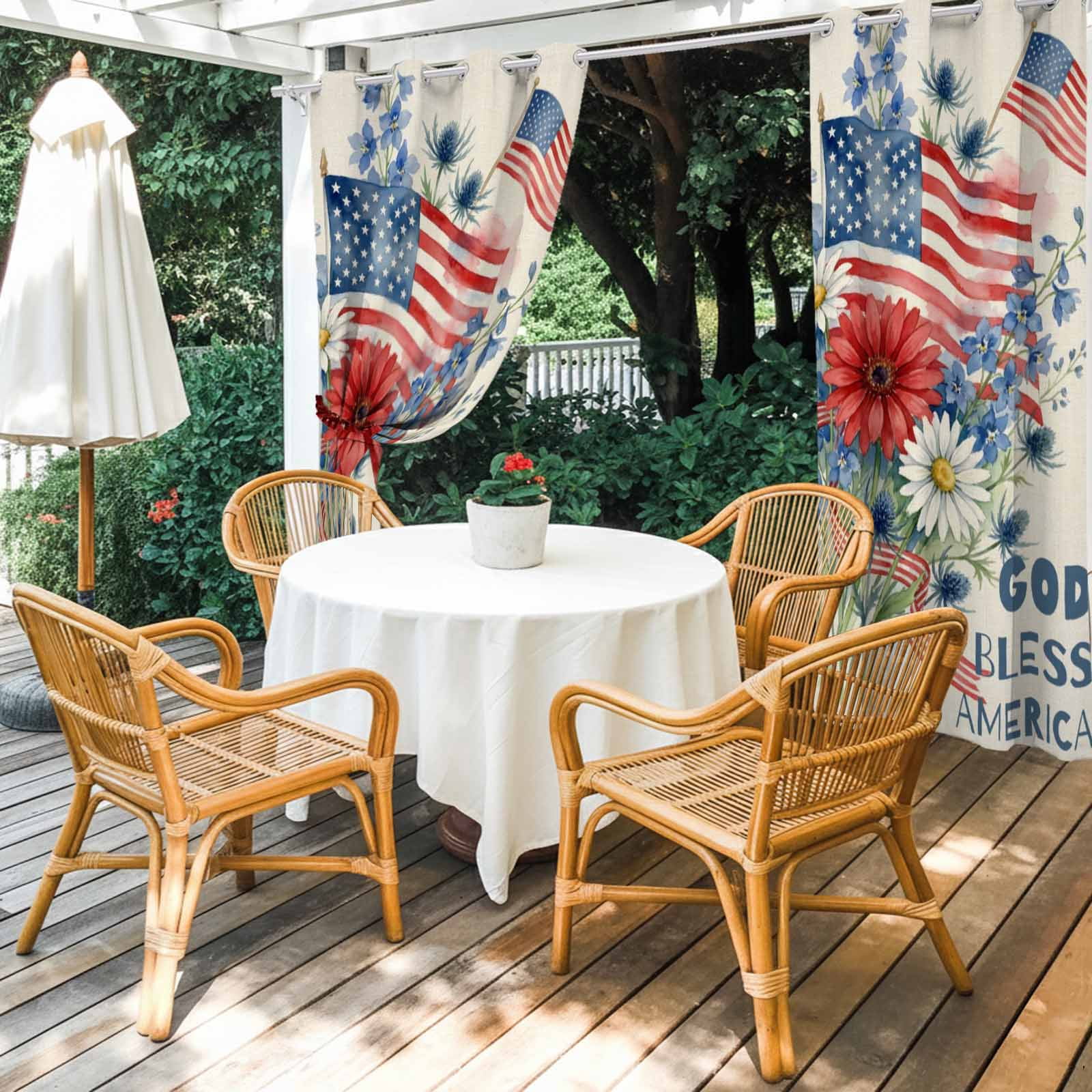 Independence Day Outdoor Curtains for Patio, Vintage American Flag Watercolor Red White Daisy God Bless Sunshade Privacy Drapes Grommet Waterproof Outside Curtains for Porch Balcony 54"x108", 1 Panel