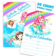 Mermaid Unicorn 20 PriNst Invitations - 20 Invitations + 20 Envelopes - Double Sided - Pool Party Invitations - Mermaid Party Supplies - Unicorn Party Supplies - Mermaid Unicorn Party - MU 20ct