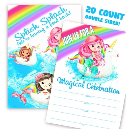Mermaid Unicorn 20 PriNst Invitations - 20 Invitations + 20 Envelopes - Double Sided - Pool Party Invitations - Mermaid Party Supplies - Unicorn Party Supplies - Mermaid Unicorn Party - MU 20ct