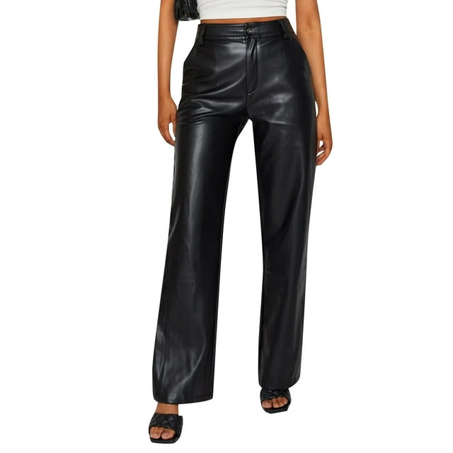 Aunavey Women's Faux Black PU Leather Pants High Waist Straight Wide ...