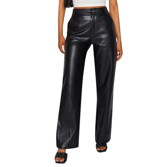 Canrulo Women High Waist Faux Leather Pants Straight Wide Leg Leggings Pants Slim Streetwear Black XL