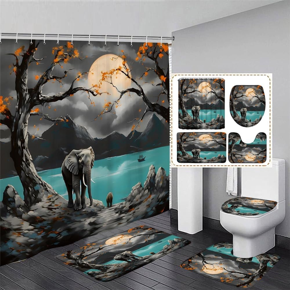 4Pcs Cute Elephant Shower Curtain Sets with Bath Rug U Shape Mat and Toilet Lid Cover Grey Animal Butterfly Funny Wildlife Modern Kids Bathroom Decor Curtains Set with 12 Hooks