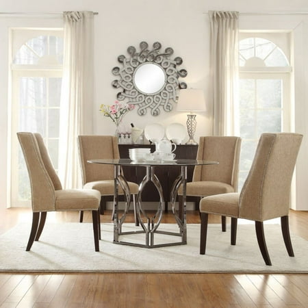 Homelegance Dining Table Set - Homelegance Black Nickel Hexagonal 5 Piece Dining Table Set with Mocha Chenille Chairs