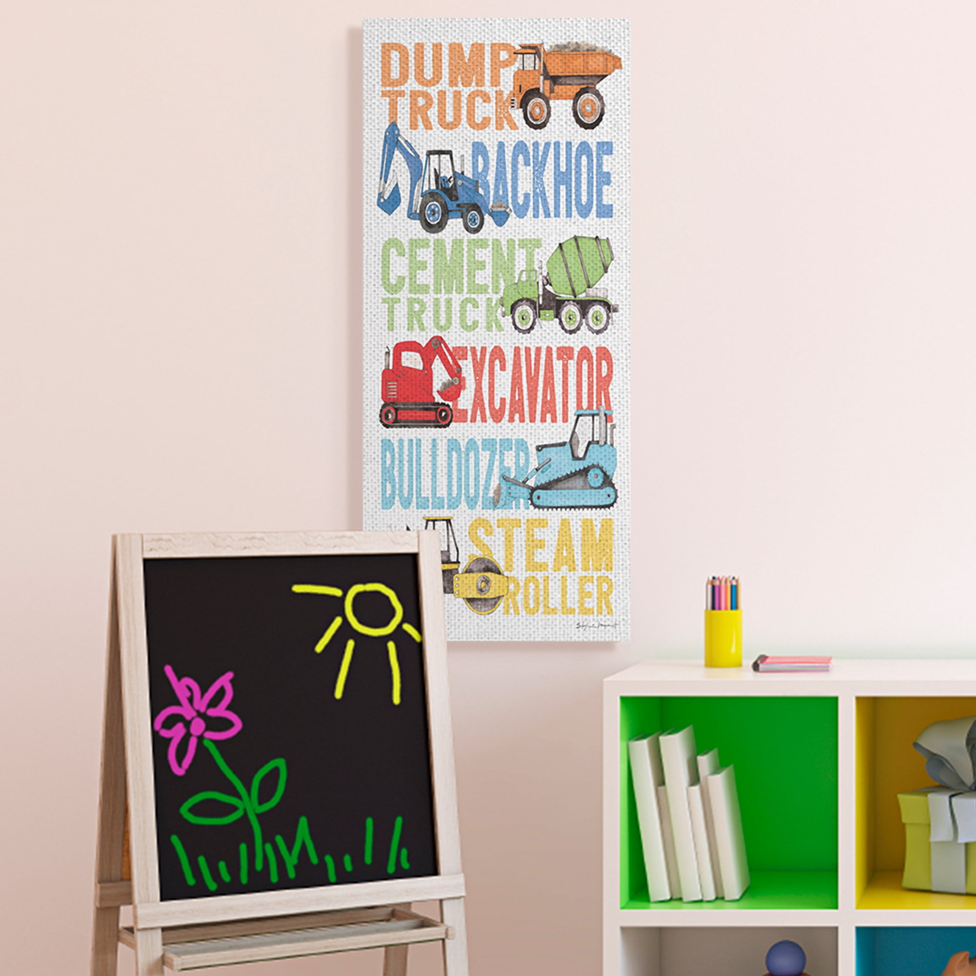 Stupell Industries Kid's Traditional Construction Vehicles Playful Bold Text Transportation Painting Gallery Wrapped Canvas Art Print Wall Art, 17 x 40