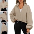 thumbnail image 2 of Fleece Full Zip Up Cropped Hoodie Sweatshirt Long Sleeve Stand Collor Crop Jackets Coat Top Drawstring Hemlines Outwear, 2 of 19