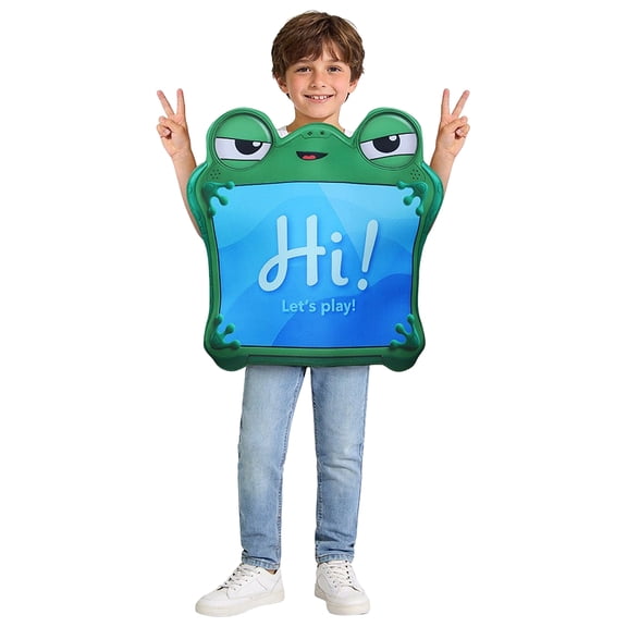 Funny Boys Frog Tablet Costume with Hi Let's Play Message, Green Blue Animal Cosplay Outfit for Halloween Party & Birthday Event, color, One Size