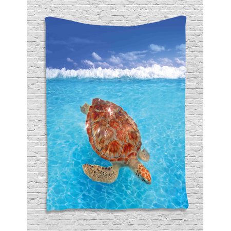 Turtle Tapestry Sea Turtle Chelonia Mydas On Water Surface Caribbean Beach Tropics Wall Hanging For Bedroom Living Room Dorm Decor Violet Blue Aqua