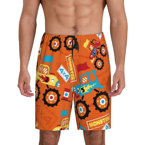 Balery Monster Truck Pantalones cortos de pijama de punto de algodón para hombre con cinturilla y bolsillos-X-Large