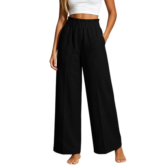 Gytharion Women's Casual Wide Leg Trousers Solid Color Cotton Linen Loose Pants with Pockets Elastic Waist Pants