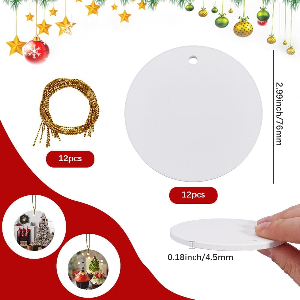 1 Box 12Pcs 3in White Ceramic Ornaments Blank Christmas Ornament Blanks Flat Round Ceramic Disc DIY Paint Craft with 12Pcs String Porcelain Decorations for Wedding Holiday Party Supplies Colorful