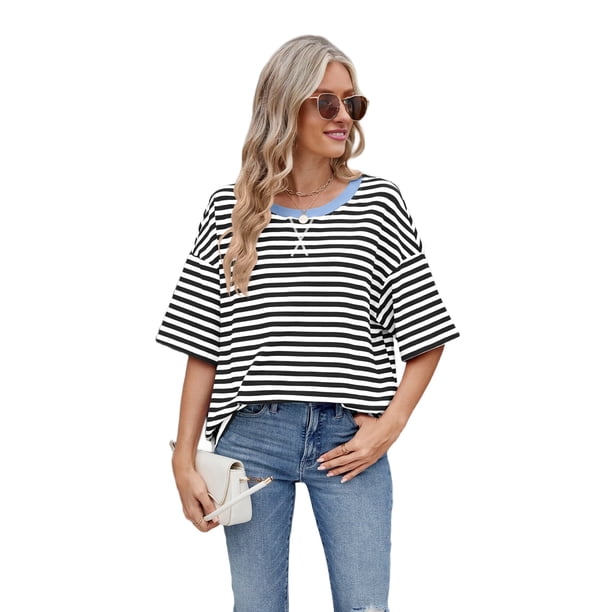 Top Holgado de Corta con Estampado de Rayas de Colores para Mujer, Rayas Blancas y Negras, Talla XL