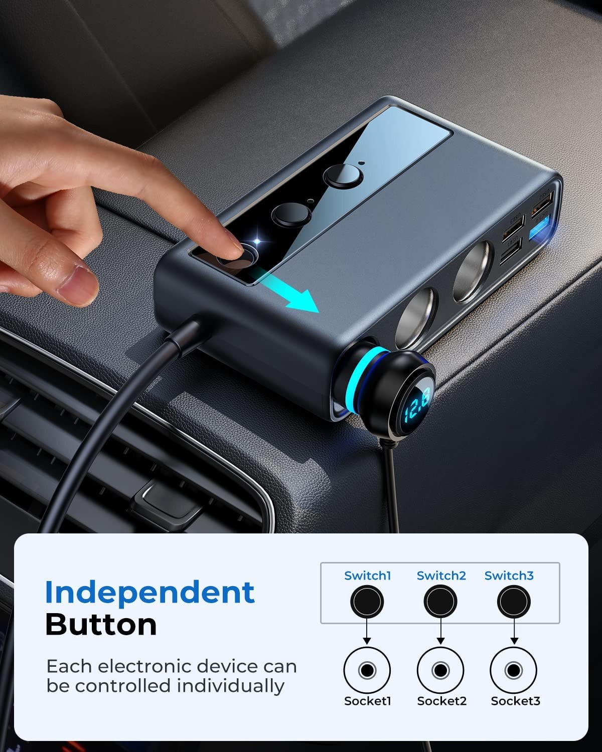 Joyroom 154W Car Charger Adapter, 6 USB Ports & 3 Socket Splitter photo 7
