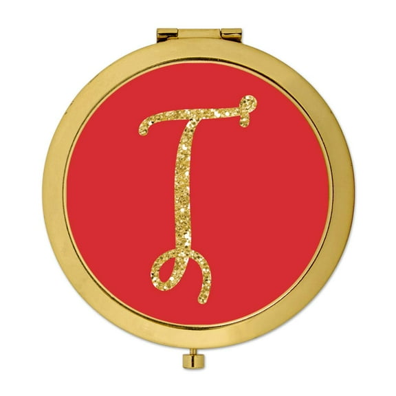 Koyal Wholesale Gold Compact Mirror Bridesmaid's Wedding Gift, Red with Faux Gold Glitter, Monogram Letter T, 1-Pack
