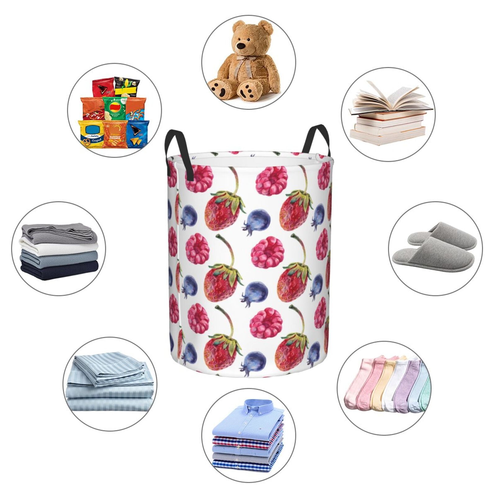Large Laundry Basket with Handles - Blueberries pattern strawberry Kids Baby Dirty Clothes Laundry Hamper for Bedroom Aesthetic