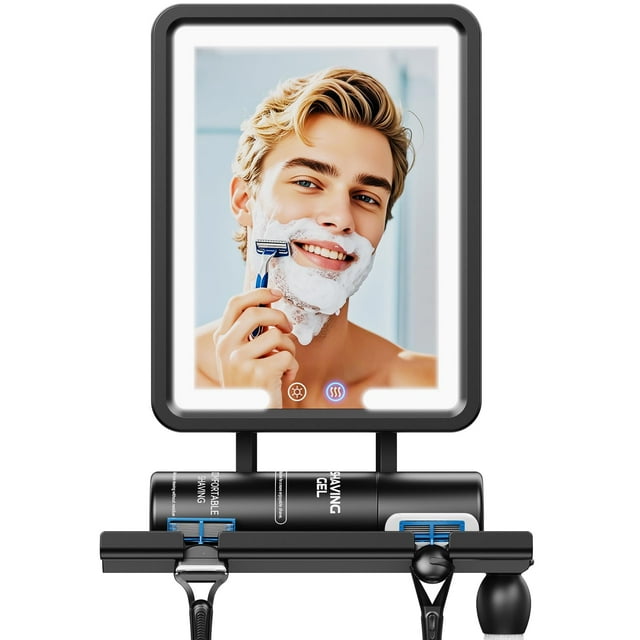 Heated Shower Mirror Fogless for Shaving 2025 New, 3 Colors Stepless Dimmable Lights Anti Fog Shower Mirror, Fog Free Mirror for Shaving with Razor Holder for Men, NO-Drilling, R