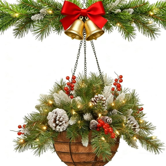 Greplant Christmas Hanging Baskets, Pre-Lit Artificial Christmas Hanging Basketfor Outdoors Festive Hanging Patio, Lawn for Front Porch Garden Patio Outdoor Xmas Holiday Decor