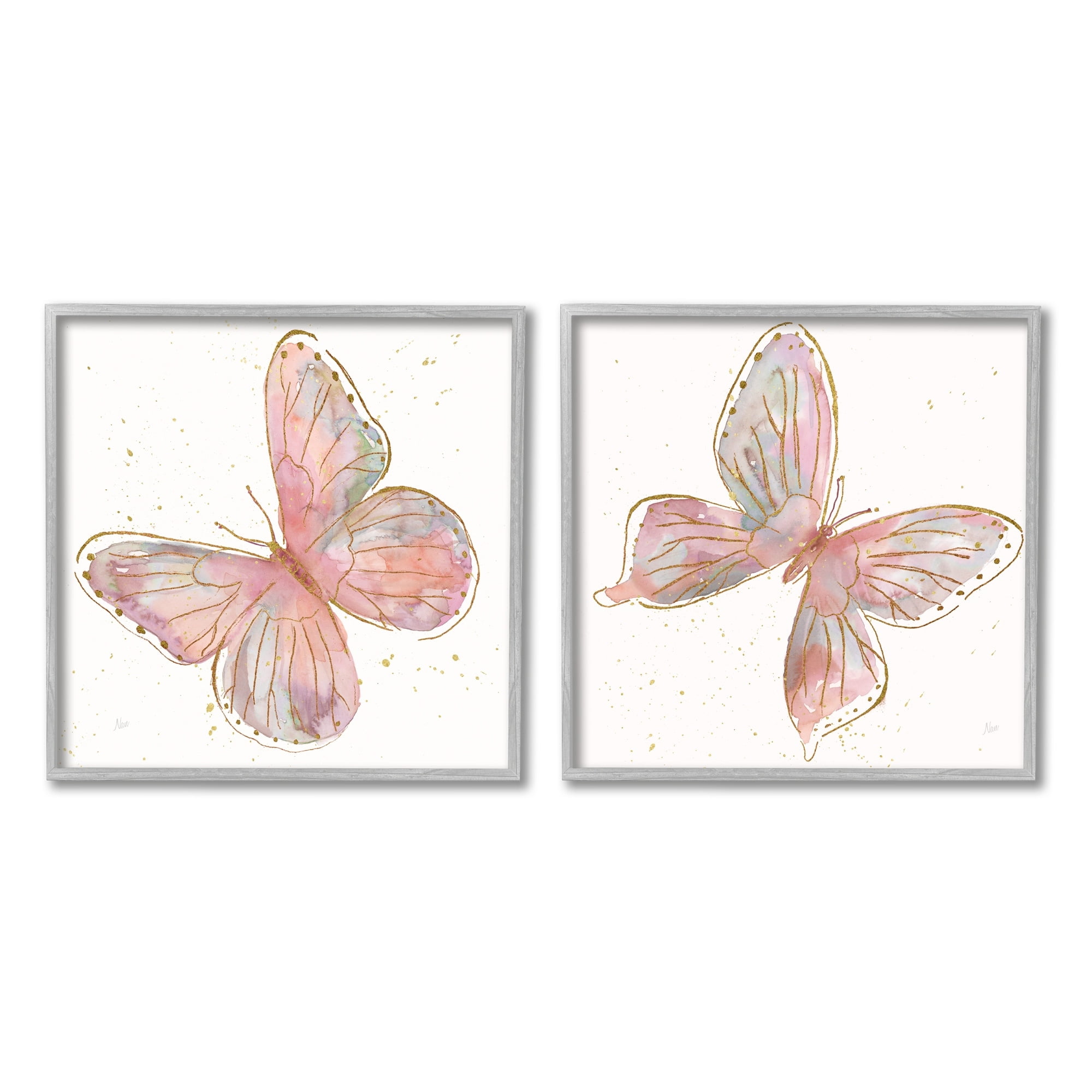 Stupell Industries Pink & Glam Butterflies Nature Animals & Insects Painting Gray Framed Art Print Wall Art, Set of 2
