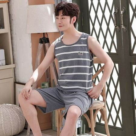 

QWZNDZGR Summer Men Pyjamas Knited Cotton Plaid Pajamas Set Casual Sleeveless Sleepwear Pyjamas Night Pijamas Plus Size 4XL Home Suits