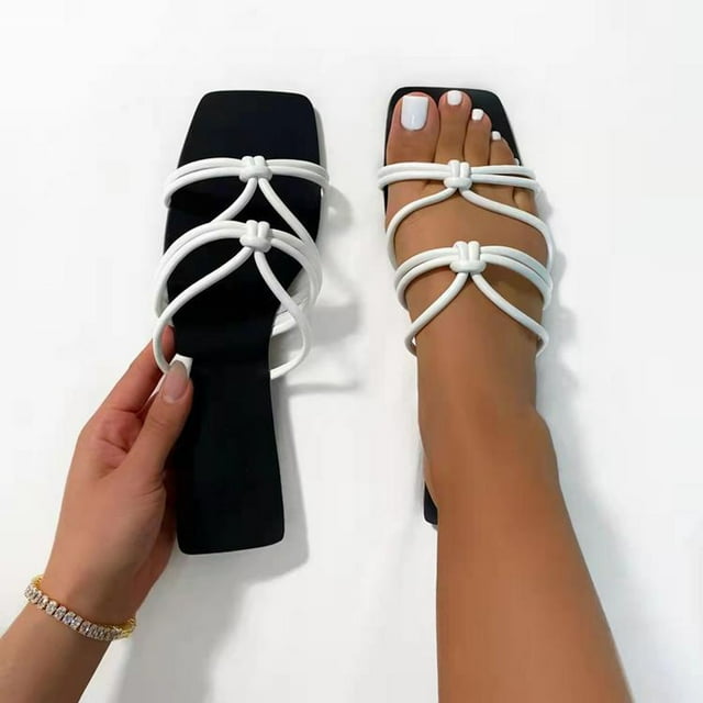 Pantuflas frescas de playa de fondo plano con punta abierta tejida para ropa de vacaciones de ocio para mujer Wmkox8yii ytu2844