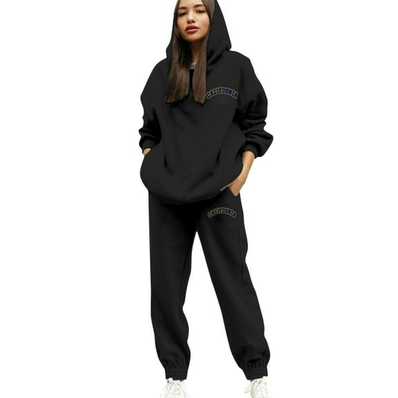 sususu Airport Outfits for Women 2025,Fall Sets Women's Casual Hooded Tracksuit Set Printed Lettering Drawstring Jogger Pants Comfortable Athletic Wear Outfit For Daily Life - Black