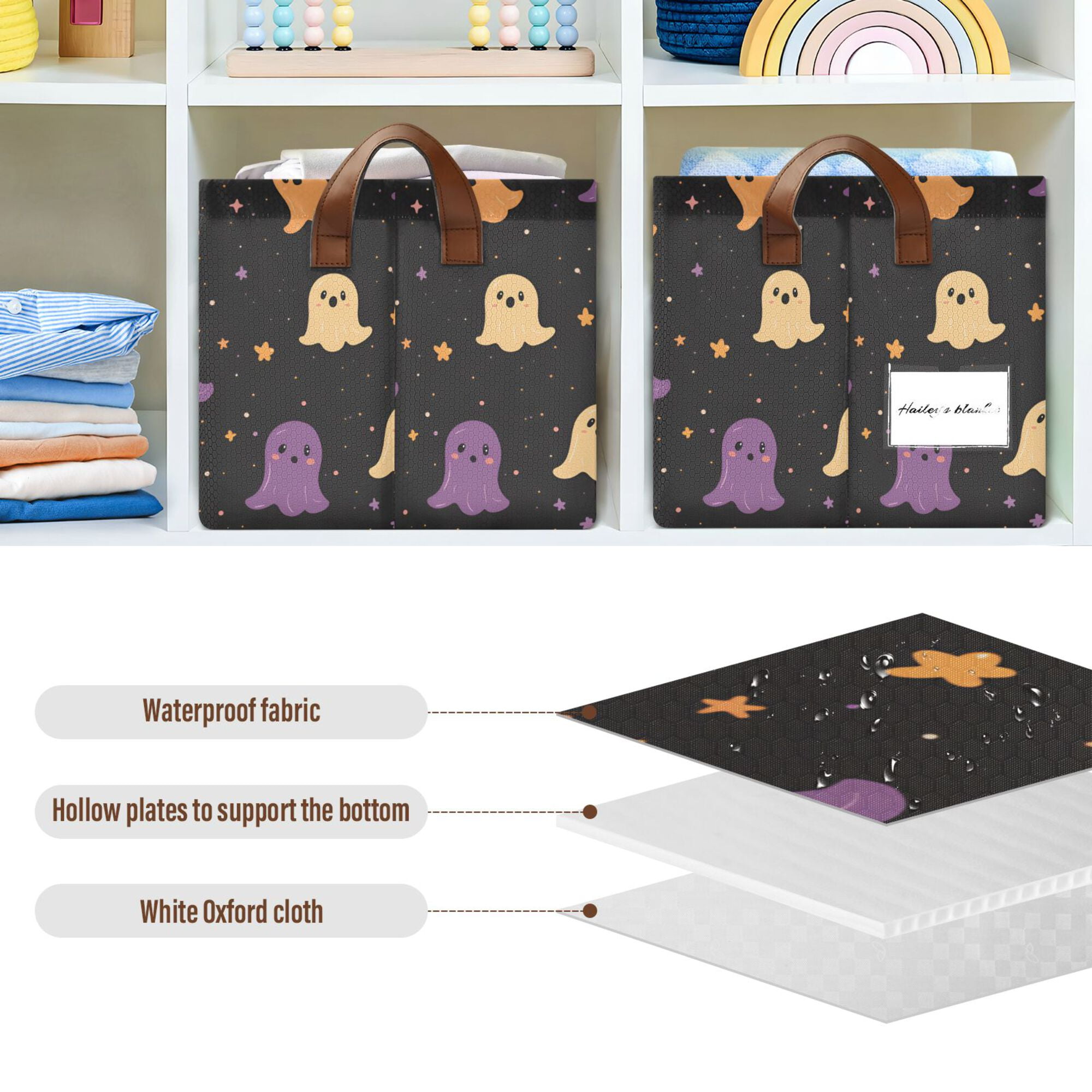 Yayeee Foldable Storage Basket for Shelves with Handles Set of 2 Waterproof Cloth Bins, Black Halloween Ghosts