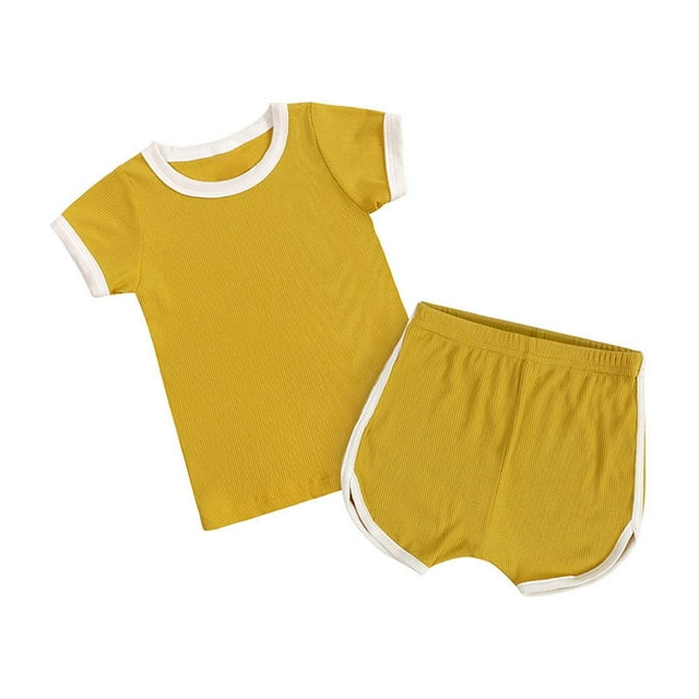 Ropa De Bebé (Niño O Niña) Traje De Niño Pequeño Verano Acanalado Top De Manga Corta Pantalones Cortos Conjunto De Dos Piezas Amarillo Odeerbi LM103-10451