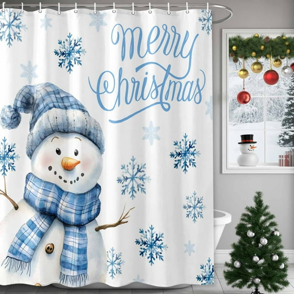 Shower Curtain 36"W x 72"L Merry Christmas Blue Snowman Snowflake White Fabric Shower Curtains Set with Hooks Water Repellent Bathroom Curtains Machine Washable Bathroom Accessories
