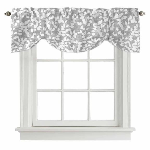Tie Up Valance for Windows Branch Leaves Curtains Valances Rod Pocket Valance Window Treatments Plant Grey White Balloon Curtains for Kitchen Living Room Bedroom Bathroom Decor 42x12 Inch