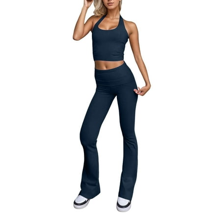 MDUKONU Women s 2-Piece Active Set - Halter Neck Crop Tank Top & High Waisted Flared Yoga Pants Navy L