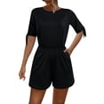 thumbnail image 1 of aidice Rompers for Women Summer Round Neck Short Sleeve Knot Elastic Waisted Homewear Shorts Jumpsuits, 1 of 4