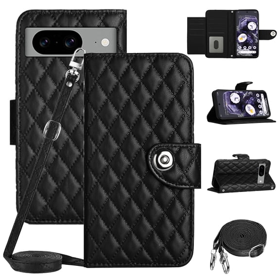 SaniMore Case for Google Pixel 8, PU Leather 3D Lattice Stylish for Girls Crossbody Lanyard Flip Kickstand Card Slots Cash Pocket Magnetic Clasp Full Body Protective Shockproof Wallet Shell, Black