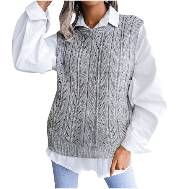Chaleco de punto hueco con cuello redondo informal para mujer a la moda Fridja hjk596