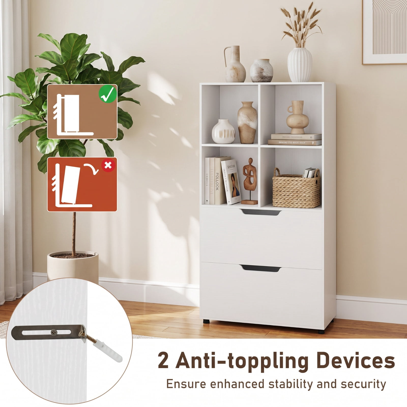 Furnibear 4-Cube Bookcase with 2 Drawers 51 inch 5-Tier Tall Freestanding Bookshelf for Living Room Home Office Bedroom Display Storage Shelf, White