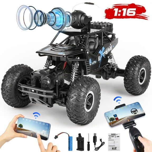 Flooyes RC Car, 1:16 Remote Control Car with Camera, 20MPH High Speed Alloy Off Road Truck, 2.4GHz Fast Racing Vehicle Electric Hobby Toy Car Gift for Boys Kids Teens Adults