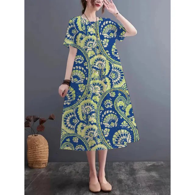 JUNWELL 2024 Nouvelle Mode Été Robe Imprimée Col Rond Manches Courtes Imitation Lin Robe Décontractée Ample Respirante et Confortable