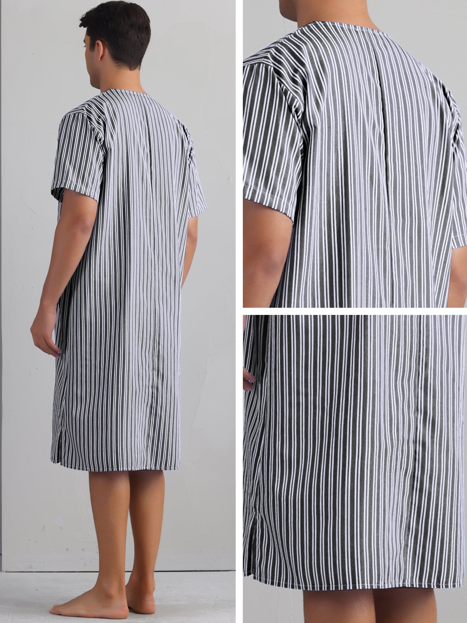 DARING DIVA Men's Short Sleeve Striped V-Neck Button Down Sleep Gown M Black