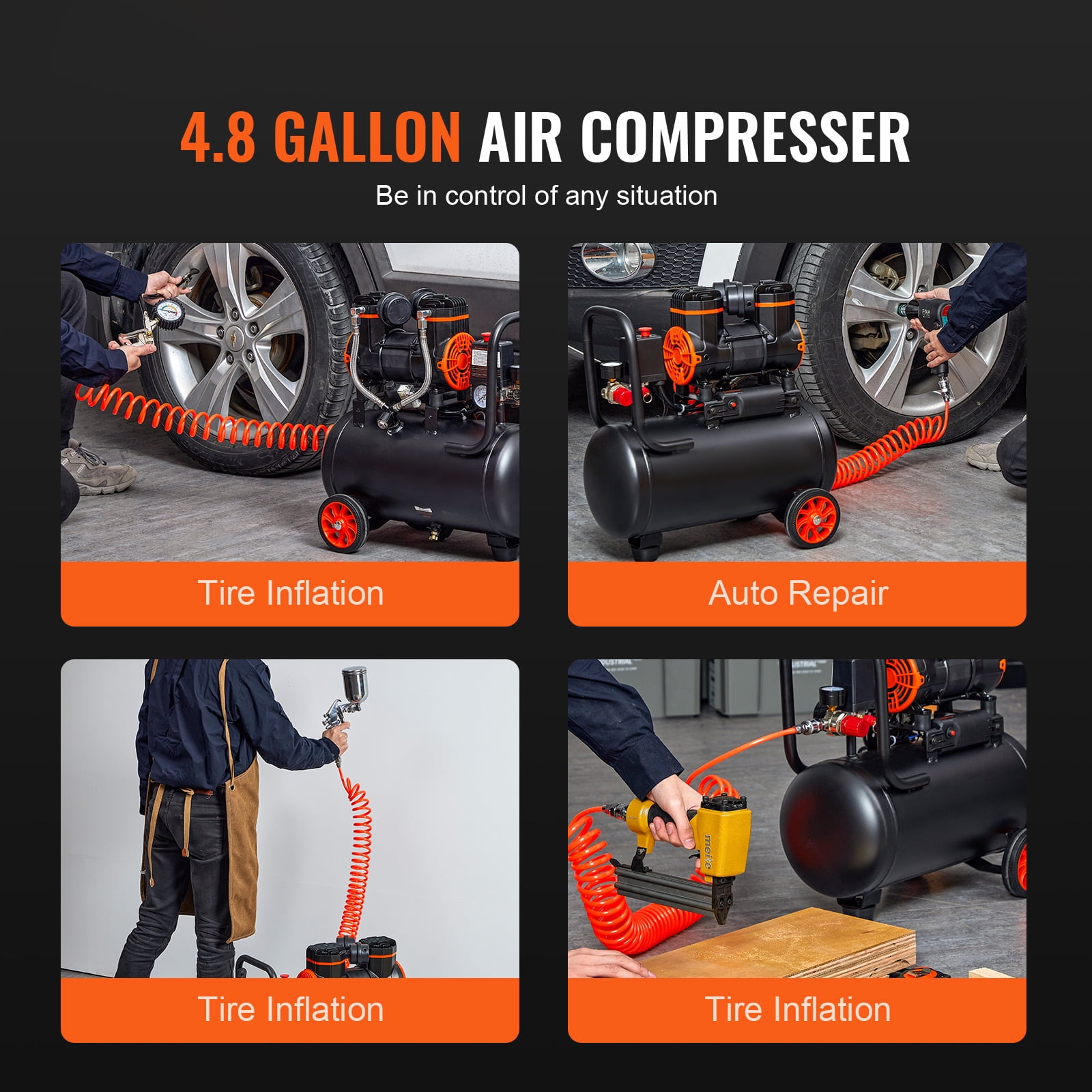 KFFKFF Air Compressor with 4.8 Gallon Capacity, 1.2HP and 2.2 CFM@90PSI, Oil-Free Tank, Maximum Pressure of 116PSI, 70 dB Low Noise Level, Suitable for Auto Maintenance, Tire Pumping