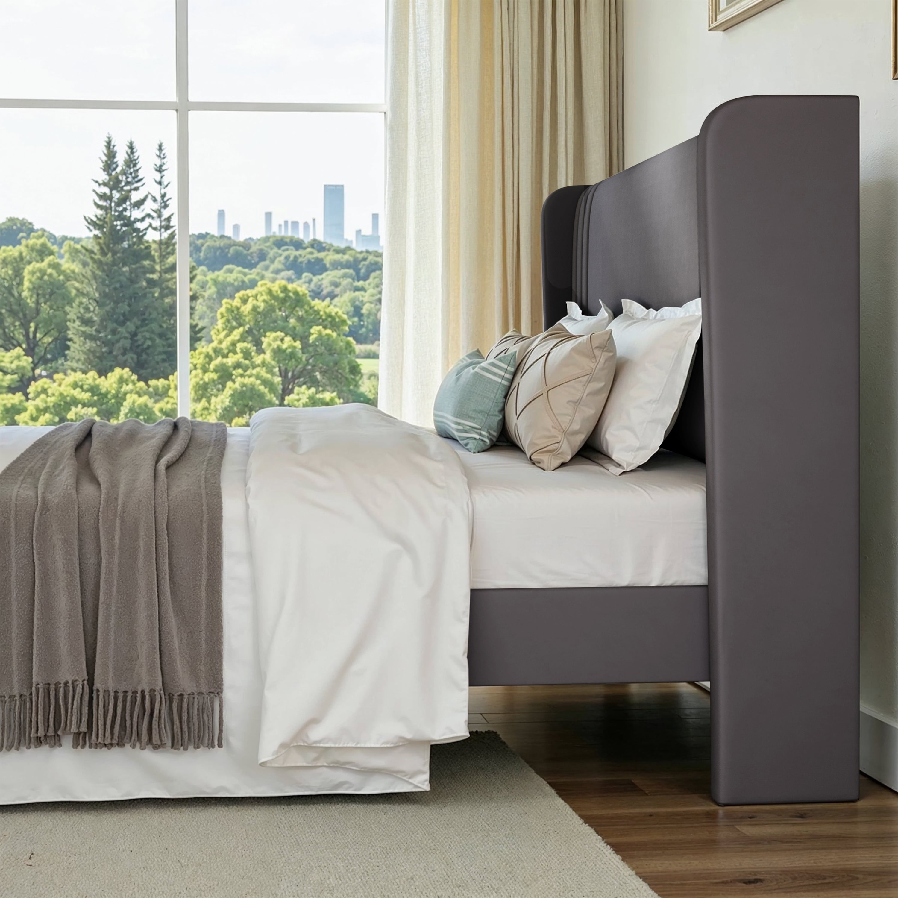 Einfach Queen Size Upholstered Bed Frame, Platform Bed with Velvet Wingback Headboard, Gray
