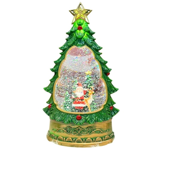 Musical Christmas Tree Snow Globe Lantern, Lighted Santa & Reindeer Scene, Rotating Water Snow, 5 Holiday Songs, USB Plug-In or Battery Operated Christmas Decoration