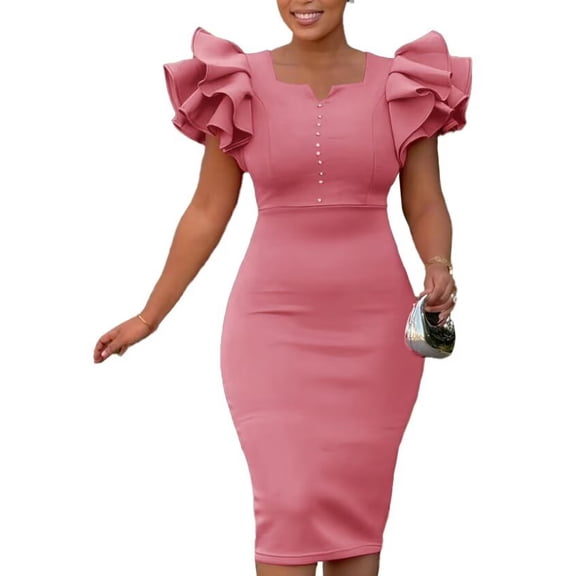 Women's Cocktail Dresses V Neck Wedding Guest Dress Ruffle Sleeve Party Dresses