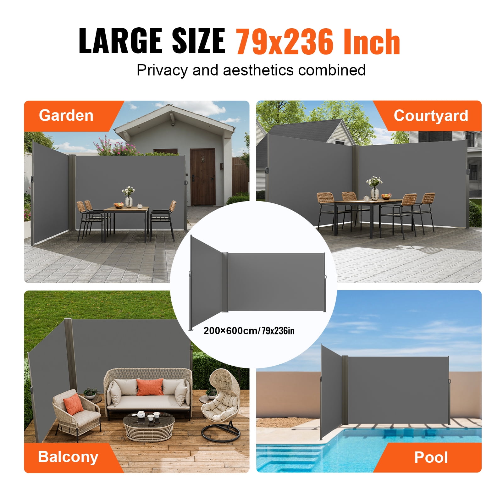 KFFKFF Retractable Side Awning 79''x 236'' Patio Screen Fence Divider Fencing