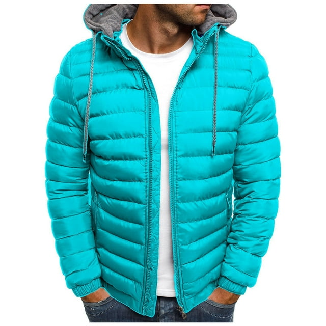 RKSTN Mens Down Jacket Solid Color Drawsting Hooded Jacket Winter Fashion Cotton Padded Jacket Warm Windproof Lightweight Puffer Jacket