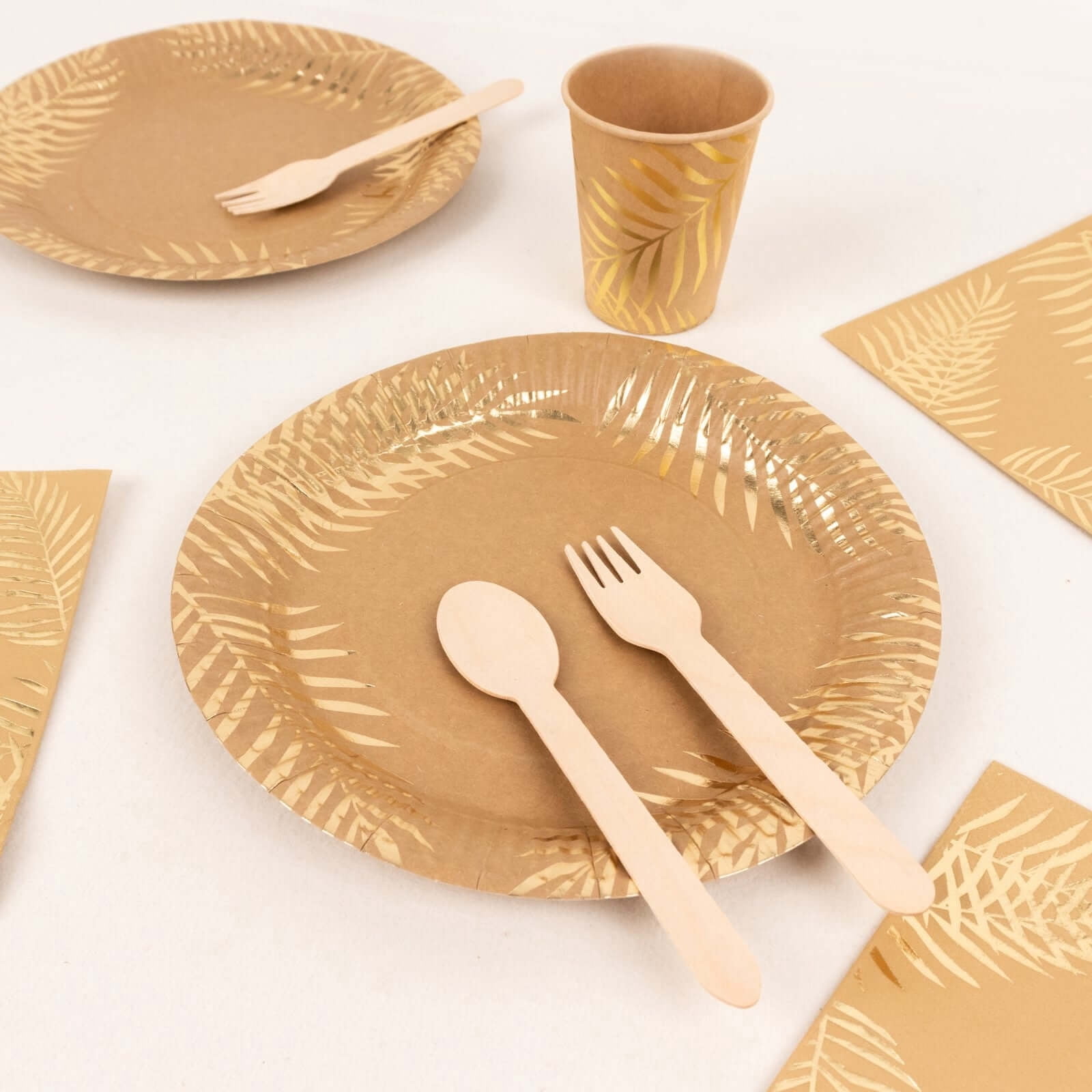 Efavormart 72 Pcs Natural Disposable Party Supplies Kit With Gold Foil Palm Leaves Print, Paper Plates Cups Napkins Tableware Combo Pack