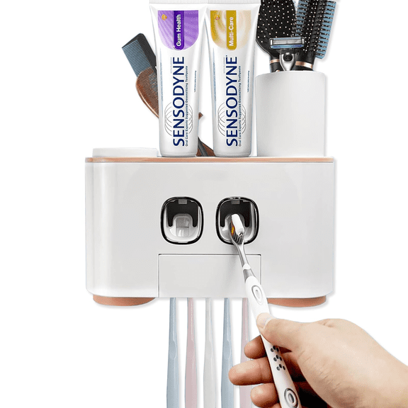 Multi-Functional Wall Mounted Toothbrush Holder - 5 Slots, 2 Toothpaste Dispensers & 4 Cups for Bathroom Organization