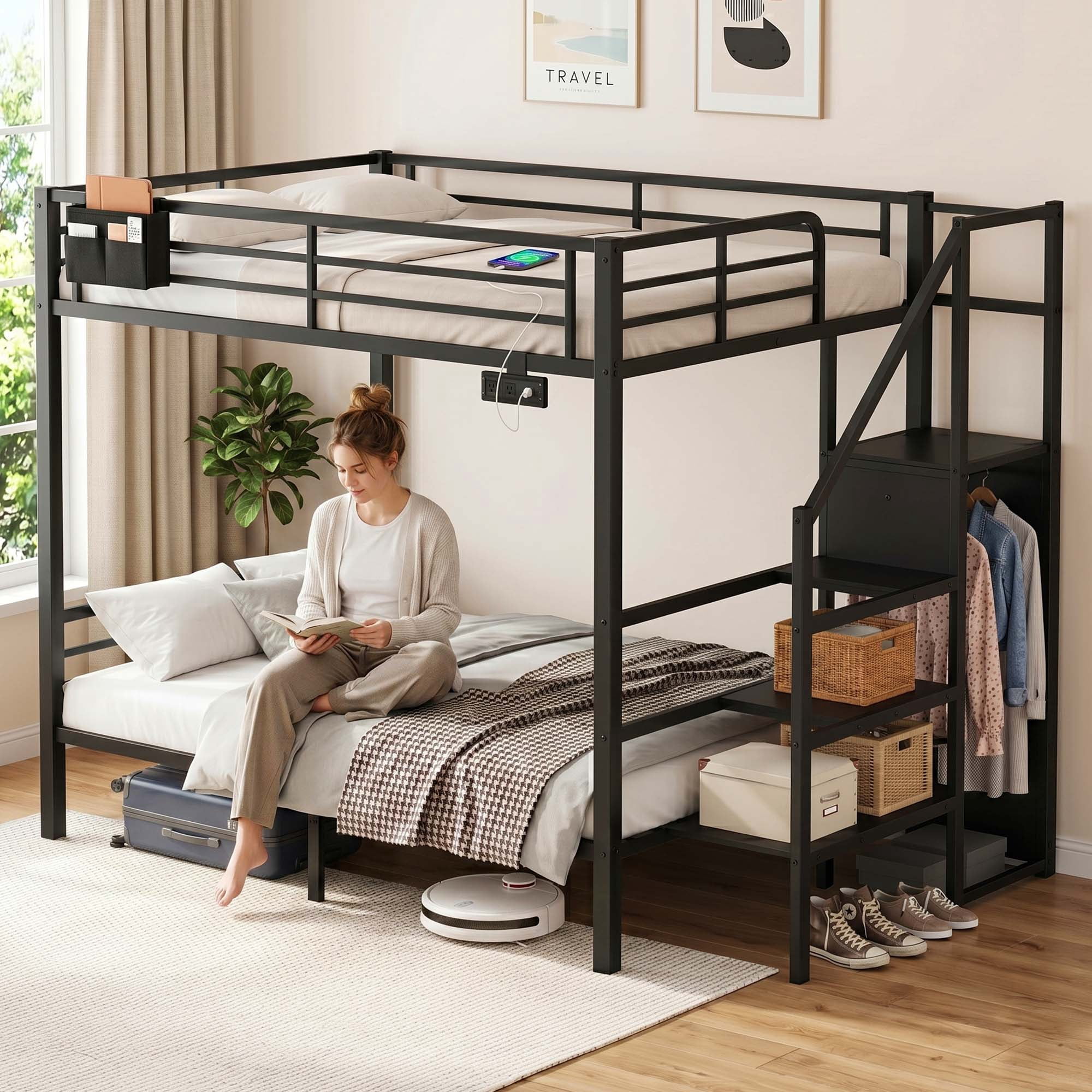 Miniyam Full Over Full Bunk Bed with Stairs, Storage and Charging Station, Metal Frame, Black