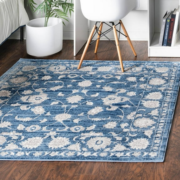 Unique Loom Boston Collection Area Rug - Floral (5' 3" Square Blue/Ivory)