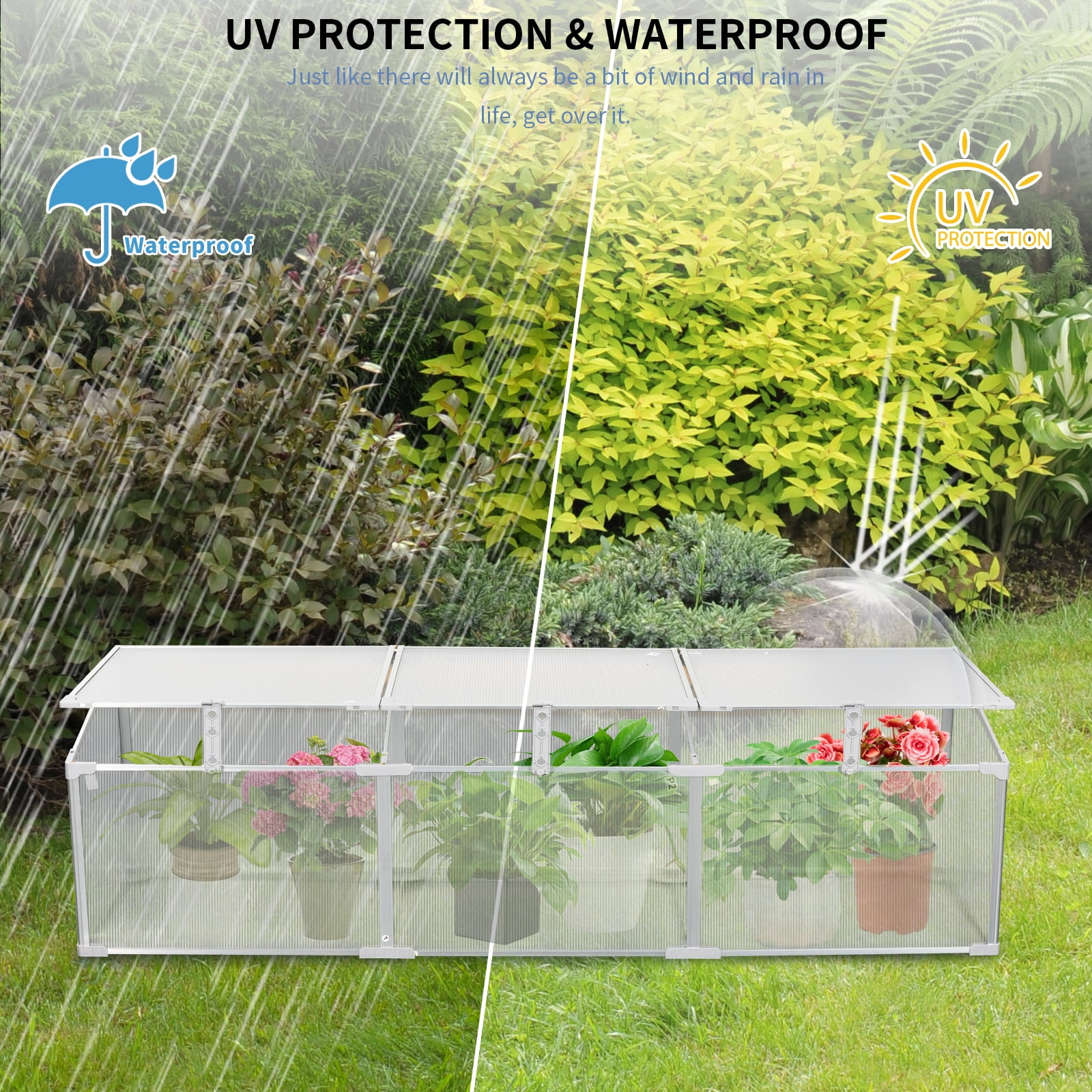 Greenhouse with Polycarbonate Panels and Aluminum Frame, Portable Outdoor Plant House and Garden Shelter with Openable Top for Winter Protection, Silver
