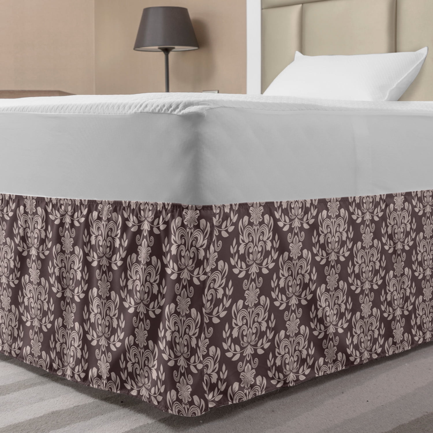 Damask Bed Skirt, Monochrome Traditional Ornaments from Flowers and
