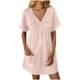 thumbnail image 2 of Summer Brilliant Summer Womens Dresses Plus Size New Short Sleeve-Neck Solid Color Pocket Dress Short Sleeve-Neck Dress Pink M, 2 of 7