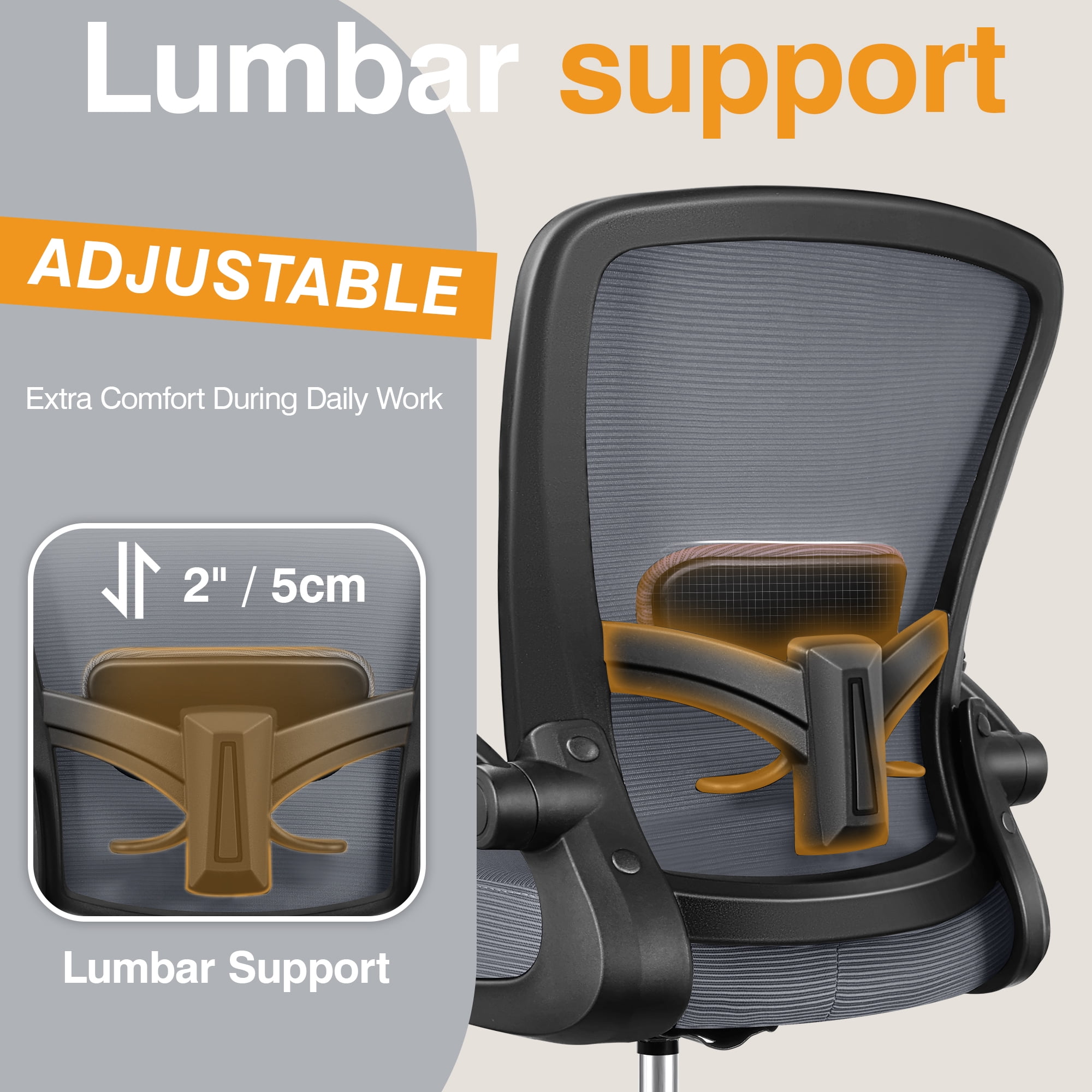 COOLHUT Home Office Chair with Flip-up Armrests for Standing Desk, Ergonomic Computer Office Desk Chair with Adjustable Foot Ring, Office Desk Chairs with Adjustab Lumbar Support, Dark Gray